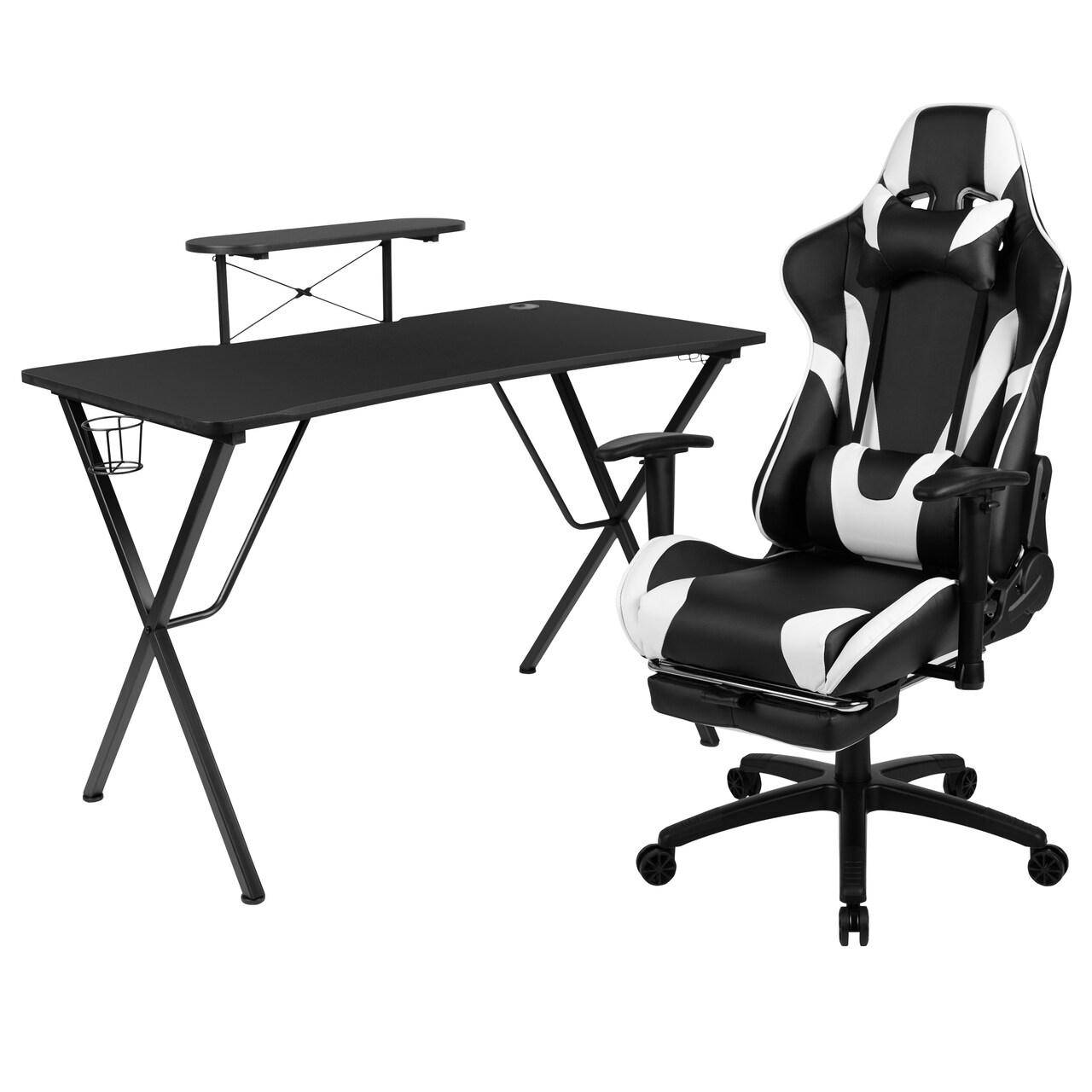 Emma and Oliver Gaming Desk & Chair Set - Cup Holder, Headphone Hook, and Monitor Stand